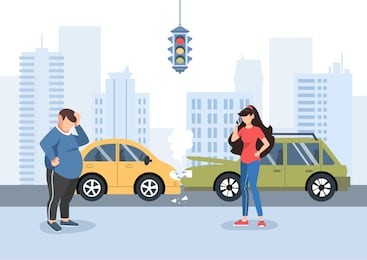 man and girl had a traffic accident. motor insurance. girl calling by cell phone. flat vector illustration. car accident in the city. buildings background.