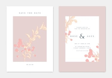 minimalist botanical wedding invitation card template design, sakura flowers with leaves line art ink drawing, pink and white tones