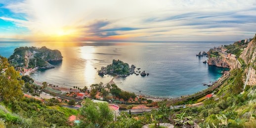 panoramic aerial view of isola bella island and beach in taormina. giardini-naxos bay, ionian sea coast, taormina, sicily, italy.