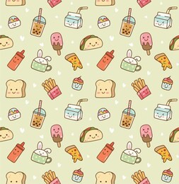 various food and drink seamless background in kawaii style vector