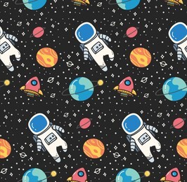 astronaut in space seamless background in kawaii style vector