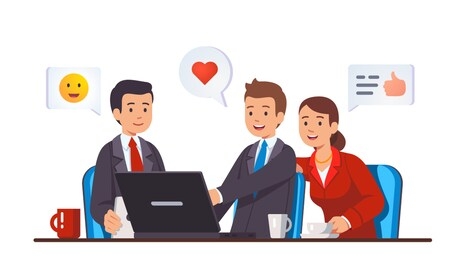 business meeting behind work desk with laptop computer. business people team sitting together looking at pc screen discussing done job, expressing appreciation. flat vector character illustration