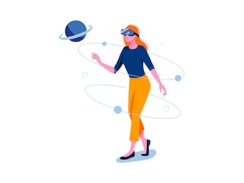 virtual reality. vr gaming, video gaming, online games. woman is standing in vr glasses. flat vector concept illustration isolated on white