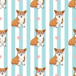 seamless pattern with cute sitting pembroke welsh corgi wearing pink heart glasses on light blue and white striped background. endless texture with funny cartoon dogs for your design
