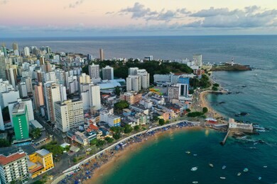 aerial drone view of porto da barra beach in salvador bahia brazil