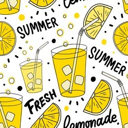 seamless pattern with lemonade, lemon and lettering words. seasonal summer background with fresh drink.
