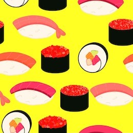 sushi icons set. asian food. seamless pattern. isometric icons. flat style food. vector illustration.