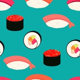 sushi icons set. asian food. seamless pattern. isometric icons. flat style food. vector illustration.