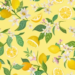 seamless lemon pattern with tropic fruits, leaves, flowers background. hand drawn vector illustration in watercolor style for summer romantic cover, tropical wallpaper, vintage texture