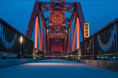 chikugo river lift bridge night view in saga prefecture ,japan.(translated text: chikugo-wakatsu)
