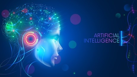 artificial intelligence in humanoid head with neural network thinks. ai with digital brain is learning processing big data, analysis information. face of cyber mind. technology background concept.
