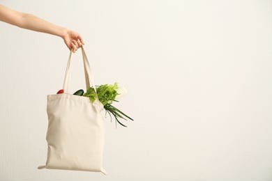 female hand with eco bag on white background. zero waste concept