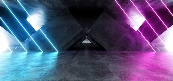 vibrant triangle neon background glowing purple blue pink violet  path track gate entrance sci fi futuristic virtual reality dark tunnel concrete grunge reflective laser lights 3d rendering 