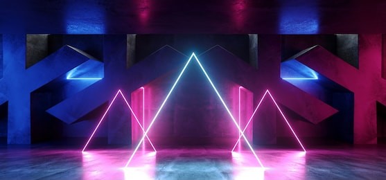 dark vibrant circle triangle neon retro fluorescent laser virtual reality purple blue pink glowing lights on concrete grunge x shaped room hall corridor glossy sci fi futuristic modern 3d rendering 