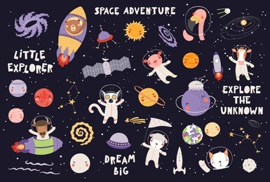 big set of cute animal astronauts in space, with planets, stars, spaceships, quotes, on dark background. hand drawn vector illustration. scandinavian style flat design. concept for children print.