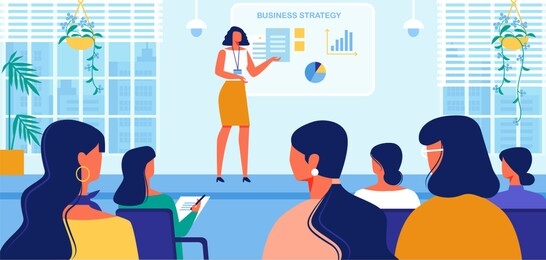 business strategy courses for women. businesswoman coach in fashioned dress doing presentation, read lecture or seminar at big screen with graphs for female audience. cartoon flat vector illustration.