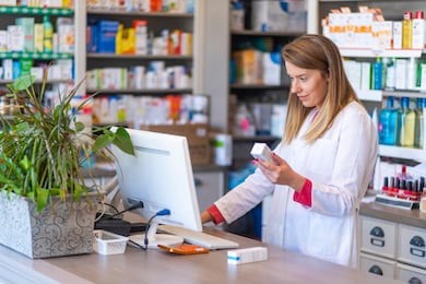 female pharmacist working in chemist shop or pharmacy. pharmacist using the computer at the pharmacy. portrait of young female pharmacist holding medication while using computer at pharmacy counter 