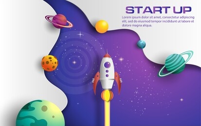 paper art style of rocket flying in space, start up concept, design banner template, flat-style vector illustration.