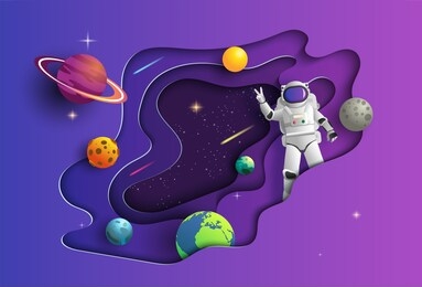 paper art style of astronaut in outer space on mission, showing victory hand sign, flat-style vector illustration.