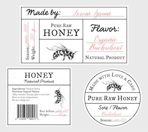 set of vector card templates with honey bee - lid, front and back labels. space for text. pure raw honey label collection with editable text. minimalist design, black and white