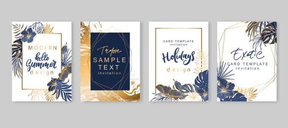 set of elegant brochure, card, background, cover. blue and golden marble texture. geometric frame. palm, exotic leaves. save the date, invitation, birthday card design.