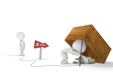 3d human figure falls into the trap created with some bills by another character