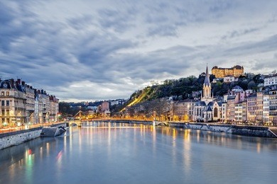 saone river in lyon city at evening,  france