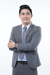 asian young handsome male office worker in smart casual suit, isolated on white background with copy space