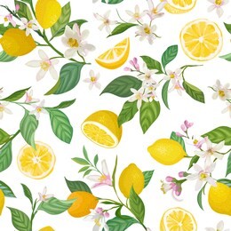 seamless lemon pattern with tropic fruits, leaves, flowers background. hand drawn vector illustration in watercolor style for summer romantic cover, tropical wallpaper, vintage texture