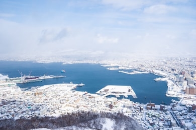 beautiful landscape and cityscape from mountain hakodate for look around city skyline building and architecture with blue sky white cloud