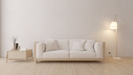 white sofa in white room with lamp and wooden floor -minimalism/3d rendering