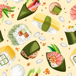 vector seamless pattern of various sushi. on a pastel beige yellow background with big rice and caviar flying fish