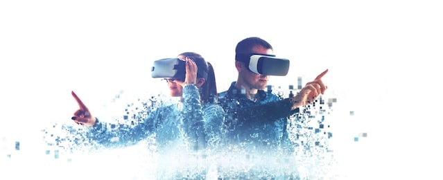 a man and a woman in glasses of virtual reality. the concept of modern technologies and technologies of the future. fragmented by pixels. vr glasses.