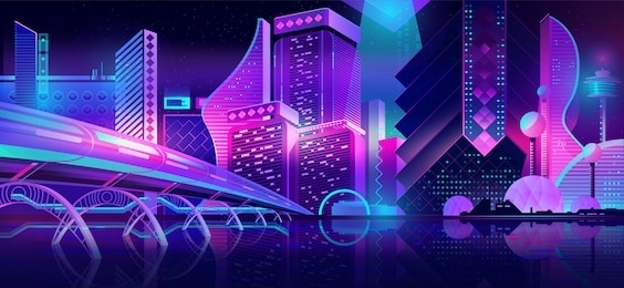 future metropolis streets night skyline cartoon vector with illuminated blue and violet neon lights futuristic skyscrapers, bridge, subway railroad over city bay illustration. sci-fi urban background
