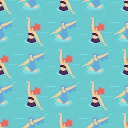 flat active summer positive motivate seamless pattern. vector repeat illustration pretty plus size woman swimming doing water gymnastics in sea or pool. trendy design concept for fashion textile print