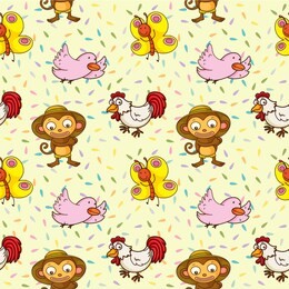 vector illustration, animals seamless pattern, different type of cute cartoon animals on white background . it can be print and used as wallpaper, packaging, wrapping paper, fabric and etc. 