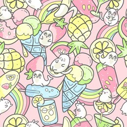kawaii cute seamless pattern with summer sweet food, ice-cream, fruits and coctails and funny characters jumping between desserts. vector illustration.