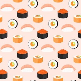 sushi set, rolls with salmon, nigiri with shrimp, maki. traditional japanese food seamless pattern.