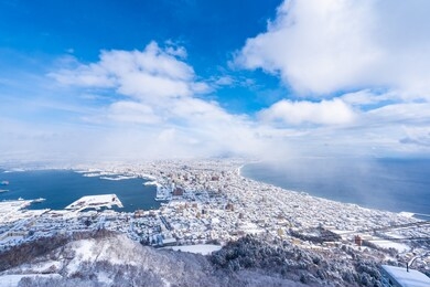 beautiful landscape and cityscape from mountain hakodate for look around city skyline building and architecture with blue sky white cloud