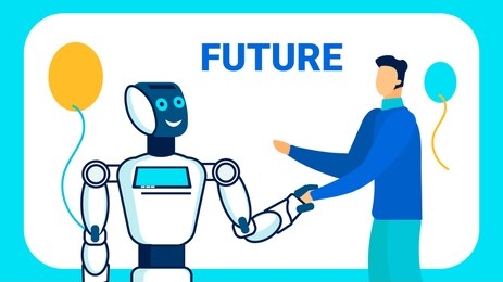 nearest future vision vector banner template. robots in human life typography. cartoon man greeting cyborg. cheerful humanoid handshaking with boy hand drawn characters. robotic party