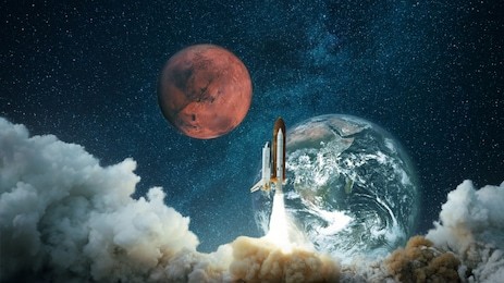 spacecraft takes off into the starry sky with the planet earth and the planet mars. rocket flies to the planet. concept of interplanetary travel. space