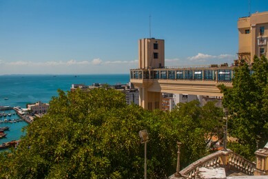 salvador, bahia, brazil: lacerda elevator and all saints bay baia de todos os santos in salvador.