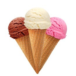 triple ice cream cones on white background