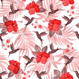 seamless pattern with watercolor tropical illustration. hibiscus flower, palm leaves, hummingbird. hand paint.