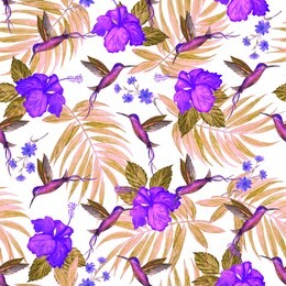 seamless pattern with watercolor tropical illustration. hibiscus flower, palm leaves, hummingbird. hand paint.