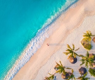 aerial view of umbrellas, palms on the sandy beach of indian ocean at sunset. summer in zanzibar, africa. tropical landscape with palm trees, parasols, walking people, blue water, waves. top view