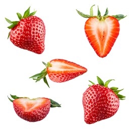 set of red strawberry berries isolated on white background. 100 percent sharpness.
