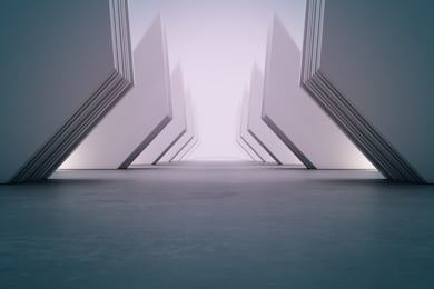 geometric shapes structure on empty concrete floor with white wall background in hall or modern showroom. construction technology for future architecture. abstract interior design 3d illustration