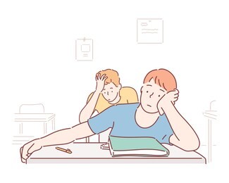 tired school boy with hand on face sitting at desk in classroom. bored schoolchild sitting at desk with classmates in classroom. hand drawn style vector design illustrations.