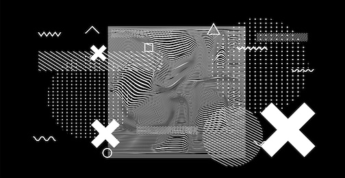 abstract neo memphis black and white glitched generative art background with geometric composition. conceptual illustration of high-tech/ cyberpunk technologies of future/ virtual reality.